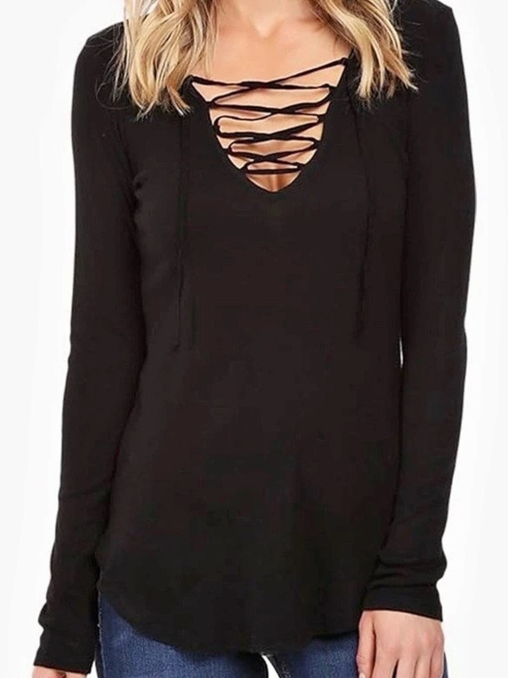 Splendid Lace-Up Long Sleeve Top Black Size Small